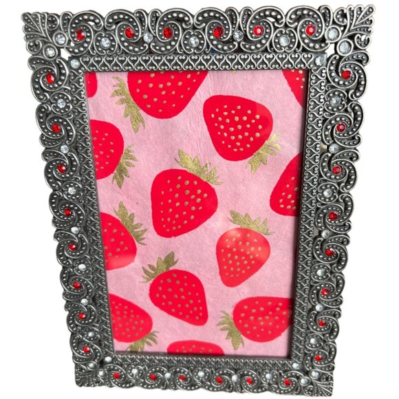 PIER 1 Beaded Metal Picture Frame Silver Red Filigree Wall Tabletop 5x7 - Picture 2 of 11